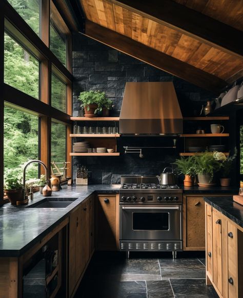 Moody Elevated Cabin Design - Our First Project of 2024 - Farmhouse Living Modern Log Cabin Renovation, Kitchen Modern Rustic Design, Cozy Wood Interior, Cabin Living Aesthetic, Interior Design Copper, Mountain Modern Farmhouse, Woodsy Aesthetic House, Moody Cabin Kitchen, Mountain Cabin Interiors Rustic