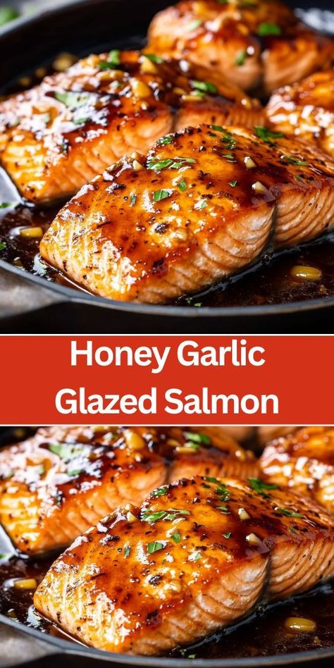 This Honey Garlic Glazed Salmon recipe is a must-try for a quick and delicious dinner. Succulent salmon filets are coated in a rich honey garlic glaze, blending sweet and savory flavors for a perfect caramelized finish. The glaze, made with honey, garlic, and soy sauce, adds a delectable touch that enhances the natural taste of the salmon. Ideal for both busy weeknights and special occasions, this easy-to-make dish pairs beautifully with a variety of sides. Honey Glazed Teriyaki Salmon, Honey Garlic Smoked Salmon, Salmon Hoisin Sauce Recipe, Honey Ginger Salmon Recipes, Smoked Salmon Glaze Recipes, Salmon With Soy Sauce And Honey, Mango Glazed Salmon, Easy Salmon Glaze, Honey Garlic Salmon Oven