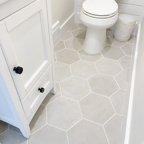 Bathroom Tile Floor Small Space, Hexagon Tile Master Bath, Non Tile Bathroom Flooring, Matte Hexagon Tile Bathroom, Hall Bathroom Floor Tile, Light Grey Hexagon Tile Bathroom Floor, Large Honeycomb Floor Tile, 8 Inch Hexagon Tile Floor Bathroom, Ceramic Floor Bathroom