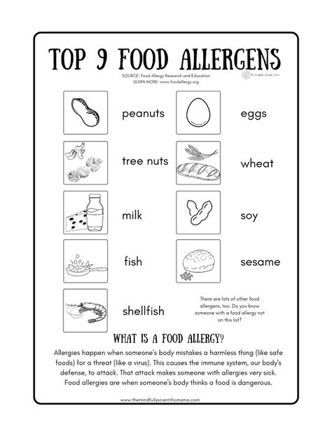 Free Kids' Food Allergy Awareness Coloring Printable for Immediate Download - THE MINDFULLY SCIENTIFIC MAMA Food Allergy Awareness, Common Food Allergies, Basic Food, Food Allergies Awareness, Allergy Awareness, Printable Food, Food Allergens, No Strings Attached, Food Allergy