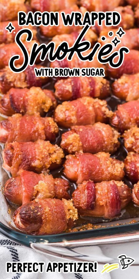 Wrapped in bacon and brushed with sweet brown sugar, these bacon-wrapped smokies are an easy appetizer to whip up for a party. Bacon Wrapped Weenies, Bacon Wrapped Lil Smokies, Wrapped Smokies, Little Smokies Recipes, Bacon Wrapped Little Smokies, Bacon Wrapped Sausages, Smokies Recipe, Bacon Wrapped Hotdogs, Bacon Wrapped Smokies