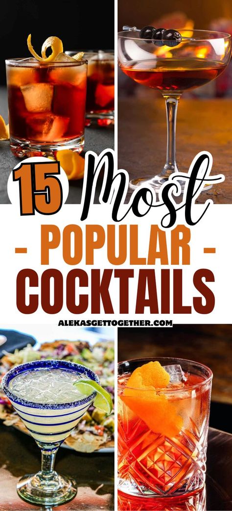 Here I've got a list of the most popular cocktails that are most commonly ordered at parties, bars or restaurants. Common Bar Drinks, Best Bar Drinks, Popular Bar Drinks, Fruity Vodka Drinks, Most Popular Alcoholic Drinks, Bar Drink Recipes, Popular Alcoholic Drinks, Cocktail Restaurant, Cocktail Party Drinks