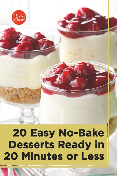 We all need a few recipes for quick, no-bake desserts in our recipe boxes. And by quick we mean from the bowl to the table in 20 minutes or less—no set-up time, no extended chills in the fridge. These treats are ready to eat fast! Snacks Around The House, Really Fast Desserts, 20 Minute Dessert Recipes, Pretzel No Bake Dessert, No Nut Dessert Recipes, Easy And Quick Desserts No Bake, Easy Desserts To Make In Bulk, Quick And Easy Cold Desserts, Sweet Desserts Easy No Bake