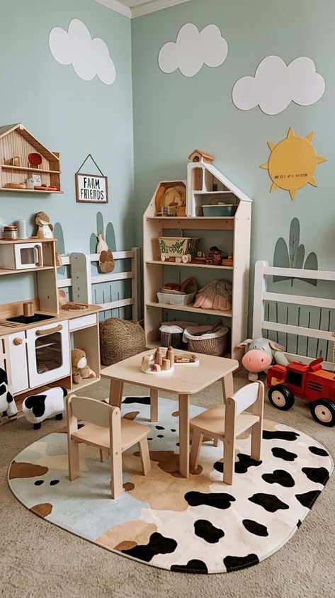 Toddler Playroom Essentials - Home with Ava Modern Cottage Playroom, Farm Animal Playroom, Montesorri Playroom, Farm Theme Nursery Boy Rooms, Country Playroom, Farm Playroom, Toddler Playroom Furniture, Small Playroom Ideas, Toddler Playroom Ideas