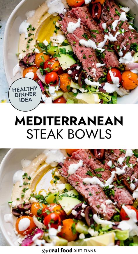 Crisp greens and creamy hummus are topped with a pile of rainbow-colored veggies and perfectly grilled steak in this Mediterranean Steak Bowl. Easy Dinner Recipes Mediterranean, Meat And Veggie Bowls, Keto Steak Bowl, Mediterranean Recipes Steak, Healthy Whole Food Recipes Eating Clean, Healthy Recipes With Steak, Healthy Steak Bowl Recipes, Steak And Avocado Bowl, Steak And Quinoa Recipes