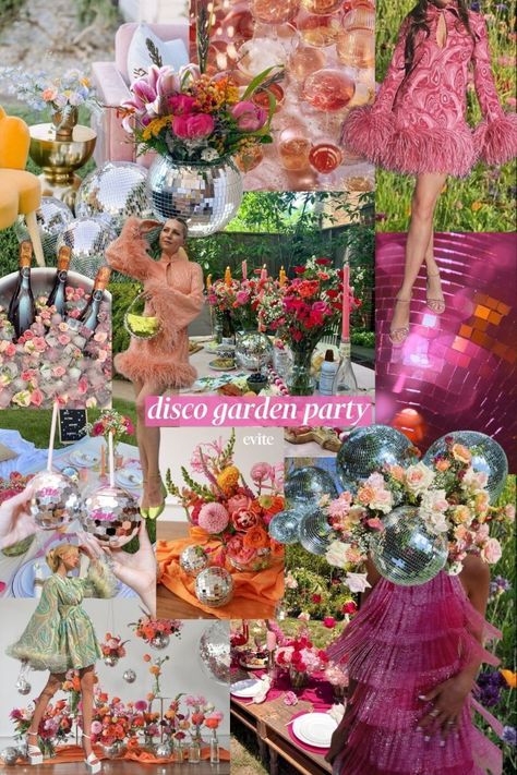 Disco Garden Party Decorations, Garden Party Disco, Disco Food Table, 70s Garden Party, Disco Garden Party Aesthetic, Floral Disco Party, Disco Tea Party, Disco Garden Wedding, Garden Disco Party