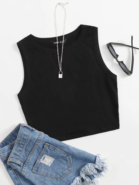 SHEIN Solid Crop Tank Top | SHEIN USA Adrette Outfits, Slim Tank Top, Black Crop Top Tank, Crop Top Outfits, Cute Crop Tops, Really Cute Outfits, Preppy Outfits, Black Crop Tops, Outfits Casuales