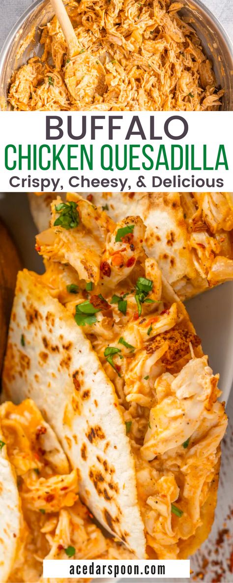 Get ready for a flavor-packed dish that the whole family will love! My Buffalo Chicken Quesadilla is the perfect lunch or dinner option for busy days. Combining the classic flavors of buffalo chicken with ooey gooey melted cheese, all wrapped up in a crispy tortilla - this recipe is sure to be a hit! Chicken Tortilla Wraps, Buffalo Chicken Wrap Recipe, Garlic Hot Sauce, Cheesy Buffalo Chicken, Buffalo Chicken Quesadilla, Crockpot Buffalo Chicken, Buffalo Recipe, Chicken Quesadilla Recipe, Cheese All