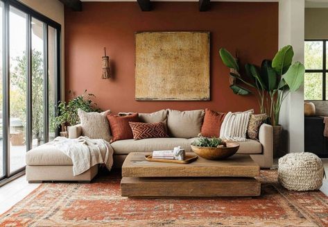 Terracotta Furniture Living Rooms, Light Couch Dark Walls, Boho Colors Living Room, Terra Cotta Accent Wall Living Room, Terracotta Paint Color Living Room, Terracotta Interior Design Living Rooms, Rust Interior Design, Earthy Colorful Living Room, Dark Green And Terracotta Living Room