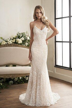 T202001 V-neck Sequin Lace & Silky Jersey Wedding Dress with Spaghetti Straps Trumpet Bridal Gown, Trumpet Wedding Dress Lace, Trumpet Wedding Gown, Crystal Mermaid, Short White Dress Wedding, Romantic Dresses, Jasmine Bridal, Backless Bridal Gowns, Western Wedding Dresses