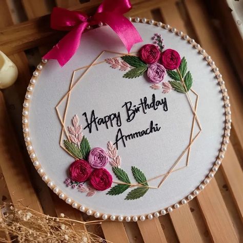 Elegant and beautiful birthday embroidery hoop 💖 . . Birthday hoop ✨✨ Dm for order 🎁 . . ...... Embroidery Designs For Gift, Hoop Design Ideas, Hand Embroidery Hoop Art, Embroidery Designs Hoop, Birthday Embroidery Hoop, Embroidery Rings, Flower Embroidery Hoop, Birthday Hoop Embroidery, Hand Embroidery Birthday Gift Ideas