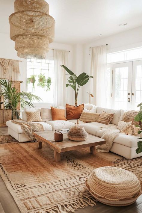 Cozy Boho Living Room with earthy color scheme, vintage rug, hanging plants, and wood coffee table. Indoor Plants Decor Living Room, Modern Boho Living Room Decor, Boho Living Room Decor Ideas, Cozy Boho Living Room, Boho Living Room Inspiration, Jungle Bedroom, Repurposed Decor, Modern Boho Living Room, Earthy Home Decor