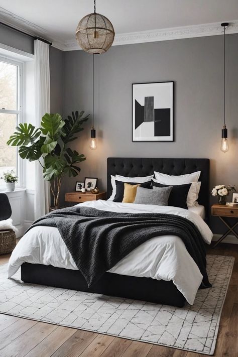 Gray Bedroom With Black Metal Bed, Modern Bedroom Color Ideas, Urban Modern Bedroom Ideas, Black And White Wall Bedroom, Grey Walls Bedroom Ideas, Bedroom Inspirations Black Furniture, Grey Wall Bedroom Ideas, Black Headboard Bedroom Color Schemes, Black Bed Bedroom