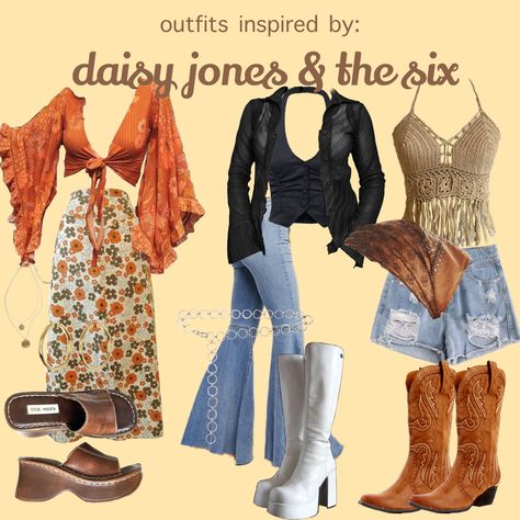 Daisy Jones And The 6 Outfits, 70s Fashion Lookbook, Casual 70s Outfits Vintage, 70s Woman Outfits, 70s Inspired Outfits Party, 70s Fashion Skirt Outfit, Simple Plan Concert Outfit, 70s Bitmoji Outfits, 70s Core Outfits