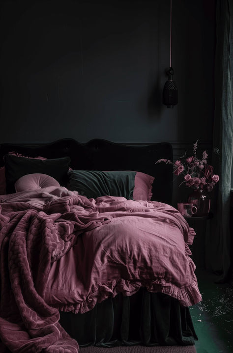 Pink, gray, and black color palette for a moody vibe #homedecor Dark Bedroom Ideas Cozy, Bedroom Ideas Cozy Romantic, Girly Interior Design, Cozy Romantic Bedroom, Girly Interior, Dark Romantic Bedroom, Dark Bedroom Ideas, Dark Feminine Bedroom, Dreamy Interior