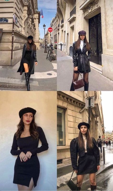 Black Dress Parisian Style, Women’s European Fashion Summer, Winter Outfit With Beret Hat, Classy Outfits With Hats, Punk Beret Outfit, Winter Fashion Show Outfit, Beret Outfit Women, Fancy Restaurant Outfit Ideas, Plaza Core Outfits