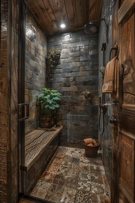 Wood Stove In Bathroom, Bathtub And Shower Design Inspiration, Rustic Walk In Shower Ideas Stone, Alley Bathroom Ideas, Tiny Rustic Bathroom, Minnesota Cabin Decor, Cabin House Bathroom, Biophilic Design Bathroom, Narrow Shower Ideas