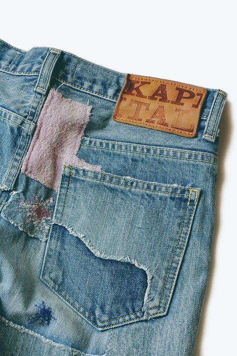 Japanese Americana, Kapital Denim, Jean Patches, Visible Mending, Custom Jeans, Pants Sewing Pattern, Patchwork Denim, Streetwear Shop, Patchwork Jeans