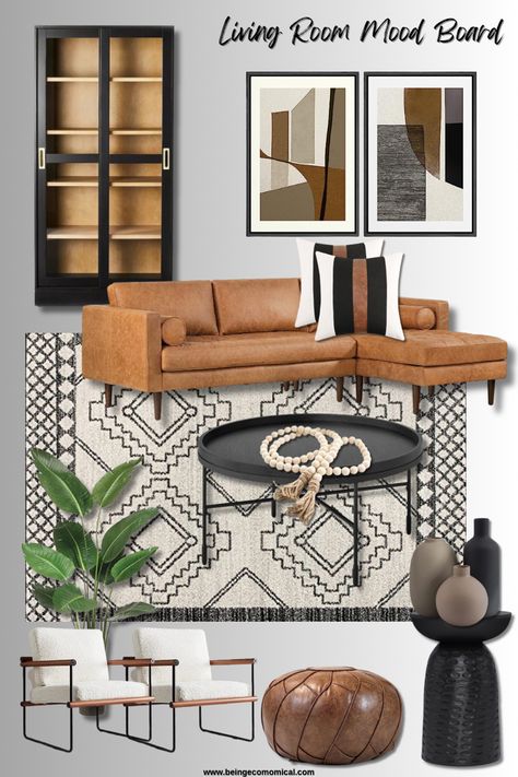 Try these boho living room decor ideas for your next cozy living room decor ideas, living room decor cozy, living room decor neutral, living room decor black and white to add to your living room designs. Boho Living Room With Leather Couch, Camel Black And White Living Room, Boho Luxe Living Room, Black And Tan Living Room, Cognac Couch Living Room Ideas, Tan Leather Couch Living Room, Living Room Decor Black And White, Black Leather Couch Living Room, Living Cabinet