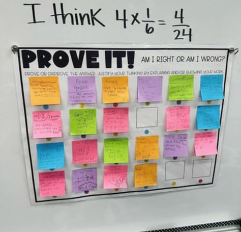 Prove It post-it poster Enrichment Activities For Elementary Math, Sixth Grade Math Classroom, 3rd Grade Math Classroom Setup Ideas, 4th Grade Math And Science Classroom, Math Focus Wall 5th Grade, Math Bulletin Boards 5th Grade, 6th Grade Classroom Set Up Math, 5th Grade Math Classroom Decor, Fifth Grade Math Classroom