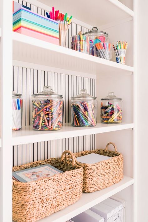 Basement And Playroom Ideas, Bedroom Turned Into Playroom, Playroom With Built In Shelves, Unique Living Room Seating, Small Playroom Design Ideas, Flexible Home Office Space, Playroom Shelf Ideas, Light Fixture For Playroom, Small Playroom Ideas Minimalist