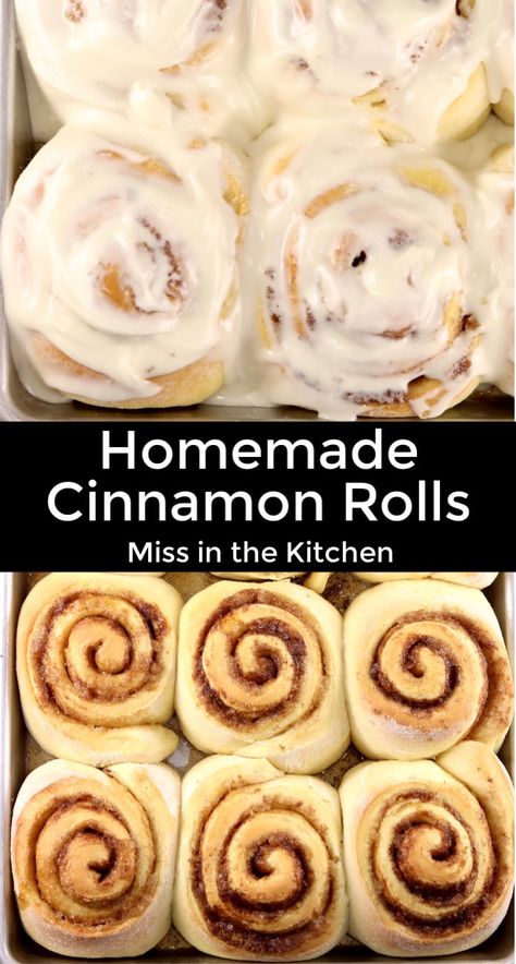 Homemade Cinnamon Rolls are incredibly soft with a gooey cinnamon filling and cream cheese icing. Our family favorite recipe that is a must have for weekend mornings and holiday gatherings. Homemade Cocoa, Brownies Caramel, Cinnamon Rolls With Cream Cheese, Cinnamon Rolls With Cream, Overnight Cinnamon Rolls, Cinnamon Roll Recipe Homemade, Cocoa Brownies, Carrot Cakes, Cake 5