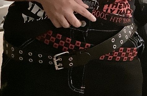 Layerd Belts, Layered Belts Emo Outfit, Layering Belts Y2k, Layered Belts Emo, Emo Belt Outfit, Studded Belt Outfit Emo, Belt Stacking, Stacked Belts, Emo Belts