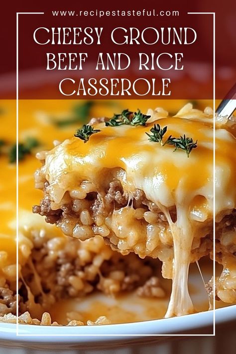 This Cheesy Ground Beef and Rice Casserole is a comforting and hearty dish, perfect for family dinners. Packed with savory ground beef, creamy cheddar cheese, and flavorful spices, it's a one-pan meal that everyone will love! Ground Beef And Rice Casserole, Cheesy Rice Casserole, Cheesy Ground Beef And Rice, Beef And Rice Casserole, Cheesy Casserole Recipes, Quick Ground Beef Recipes, Cheesy Ground Beef, Ground Beef And Rice, Minced Beef Recipes