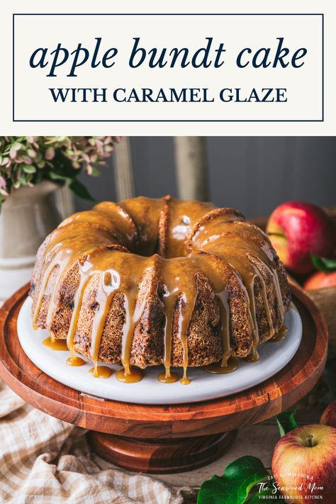 This moist apple Bundt cake is an old-fashioned, easy dessert that has been loved for generations! Also known as "Apple Dapple Cake," the warmly-spiced batter is studded with bits of fresh apples and chopped nuts, and finished with a buttery caramel sauce. Add a scoop of vanilla ice cream for the ultimate fall treat! Salted Caramel Glaze, Marble Bundt Cake, Apple Bundt Cake Recipes, Easy Bundt Cake Recipes, Apple Bundt Cake, Apple Spice Cake, Fresh Apple Cake, Cake With Caramel, Caramel Apple Cake