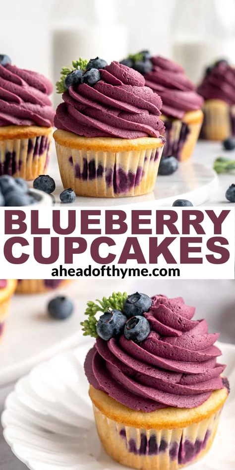 Blueberry Cupcakes are a delicious homemade treat to enjoy while summer berries are fresh in season. The moist and tender vanilla cupcake batter is loaded with fresh blueberries, baked, and topped with a creamy and fluffy blueberry buttercream that has a gorgeous purple hue thanks to homemade blueberry compote. Serve these summer cupcakes at birthday parties, backyard gatherings, and potlucks! Blueberry season is the best time of the year. | aheadofthyme.com #blueberrycupcakes  via @aheadofthyme Blueberry Cupcakes Recipe, Blueberry Buttercream, Blueberry Cake Filling, Moist Blueberry Cake, Blueberry Cupcake, Healthy Blueberry Cake, Blueberry Cake Mix, Lemon Blueberry Cupcakes, Berry Cupcakes