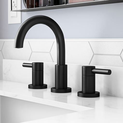 Black Sink Faucet, Black Bathroom Fixtures, Black Faucets, Black Bathroom Hardware, Black Faucet Bathroom, Rubbed Bronze Bathroom, Black Bathroom Faucet, Matte Black Bathroom, Black Faucet