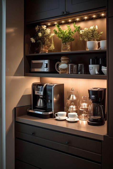 Coffee Bar Ideas Luxury, Kitchen Design Coffee Station, Small Coffee Bar Ideas Kitchen, Coffee Bar Home Ideas, Coffee Bar Home Modern, Black Coffee Bar Ideas, Corner Coffee Bar Ideas Station, Coffee Corner Modern, Kitchen With Coffee Station