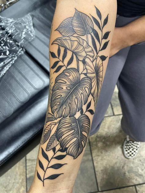 Leaf Arm Sleeve Tattoo, Co Fish Tattoo, Line Work Floral Tattoo Sleeve, Full Sleeve Plant Tattoo, Leaf Half Sleeve Tattoo, Fern Tattoo On Shoulder, Leave Sleeve Tattoo, Tropical Leaves Sleeve Tattoo, Leaves Half Sleeve Tattoo