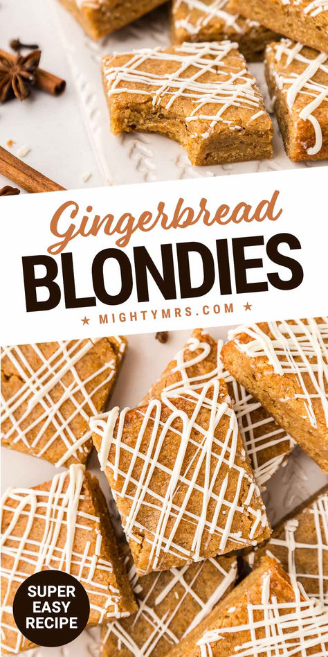 Gingerbread Blondies Gingerbread Cookie Bars Easy, Soft Bake Gingerbread Cookies, Gingerbread Blondies Recipe, Christmas Desserts Bars, Gingerbread Desserts Christmas, Christmas Desserts Gingerbread, Gingerbread Desserts Easy, Christmas Cookie Bars Easy, Easy Christmas Bars Recipes