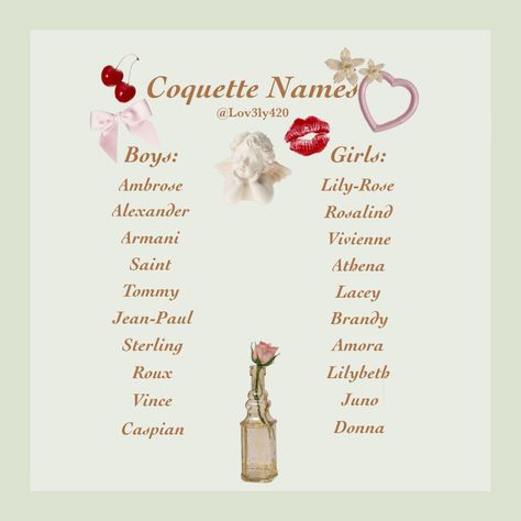 Names As Aesthetics, Aphrodite Inspired Names, Names I Adore Coquette, Coquette Names Girl, Cute Names Aesthetic, Coquette Names Aesthetic, Coquette Dog Names, Coquette Baby Names, Cute Email Names