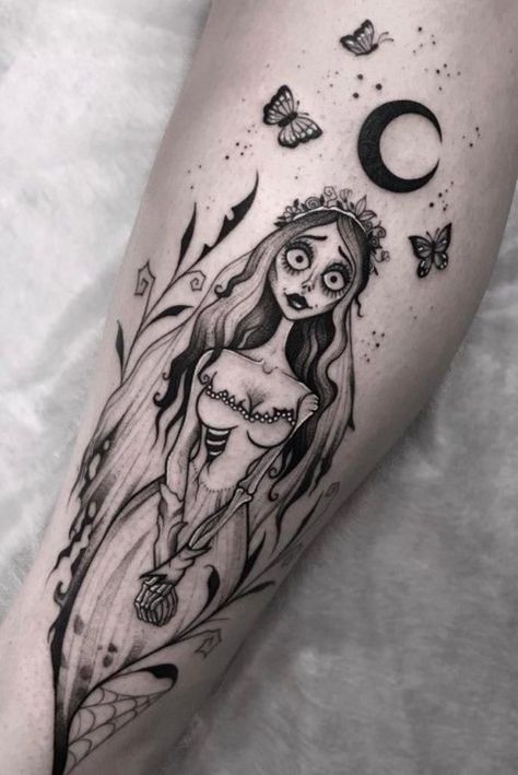 Sally Nightmare Before Christmas Tattoo Ideas, Tom Burton Tattoos, Secret Lover Tattoo Ideas, The Corpse Bride Tattoo Ideas, Witch Theme Tattoo, Creepy Tattoos For Women, Corpse Bride Tattoo Ideas, Caroline Tattoo, Sally Tattoo