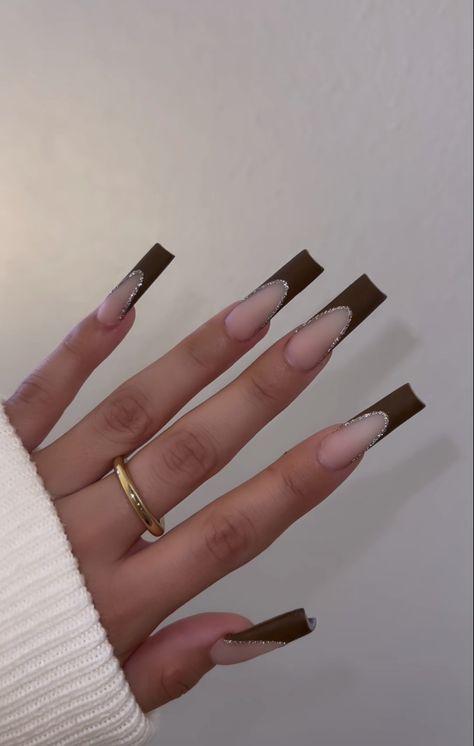 Neutral Brown Nails Acrylic Coffin Long, Brown French Tip Nails Square Long, Brown Acrylic Nails With Initial, Nail Inspo Long Square Brown, Brown Full Set Nails, Brown French Tip Matte, Long Brown Acrylic Nails With Rhinestones, Graduation Nails Brown, Brown Nails With Initial