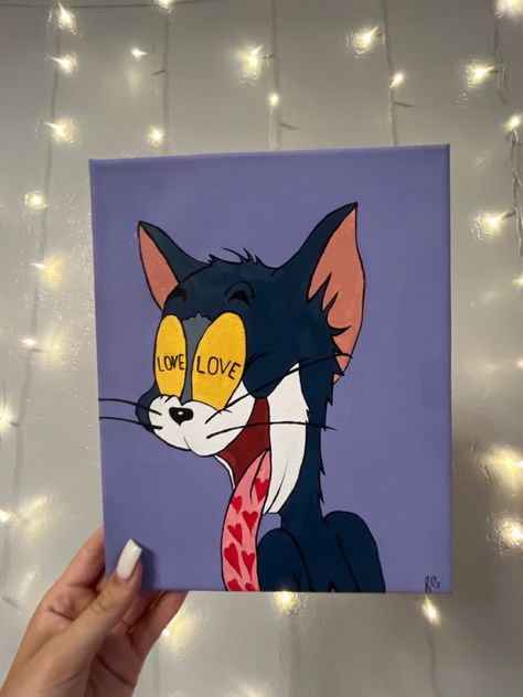 Tom And Jerry Mini Canvas Painting, Cartoon Character Canvas Painting, Small Canvas Cartoon Paintings, Heart Canvas Painting Ideas, Tom Painting, High Cartoon Paintings On Canvas, Disney Love Canvas Painting, Cute Love Paintings, Memes Painted Canvas