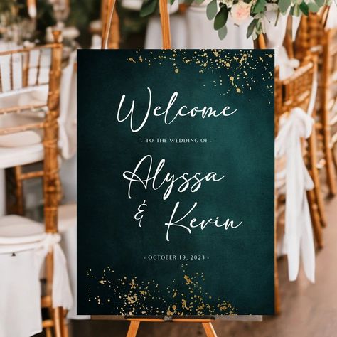 Greet your wedding guests warmly with this personalized emerald green welcome sign. Available in your choice of two sizes, the sign is professionally printed on premium matte finish paper with top-tier pigmented archival inks for top results. Emerald Green Welcome Sign, Wedding Welcome Sign Green, Hunter Green Wedding Theme, Dark Green Wedding Decor, Emerald And Navy Wedding, Green Welcome Sign, Wedding Cake Emerald Green, Green Wedding Theme, Emerald Green Wedding Theme