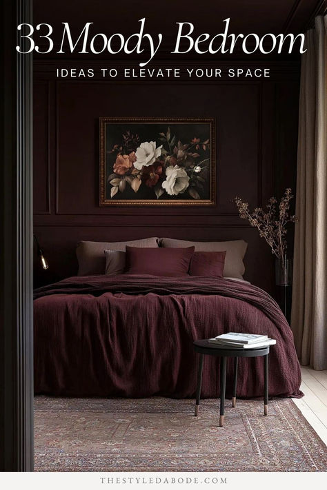 a romantic moody burgundy bedroom Smokey Purple Bedroom, Dark Moody Guest Bedroom, Global Bedroom Decor, Moody Owners Suite, Moody Bedroom Black Furniture, Small Moody Apartment, Hotel Room Color Scheme, Queen Bed Design Ideas, Dark Red Moody Bedroom