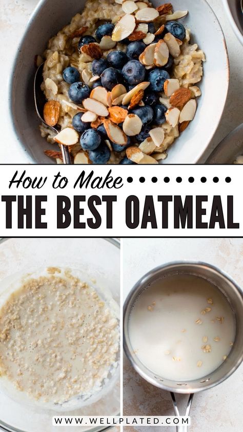 How to make oatmeal from scratch on the stovetop or in the microwave, plus topping ideas—just 10 minutes for a healthy, hearty breakfast! Perfect Oatmeal How To Make, Oatmeal Stovetop Recipe, Oatmeal On Stove Top, How To Make Good Oatmeal, How To Make Oatmeal On The Stove, Stove Top Oatmeal Recipes, Stove Top Breakfast, How To Make Oatmeal, Stove Top Oatmeal