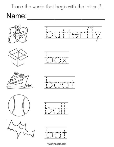 Trace the words that begin with the letter B Coloring Page - Twisty Noodle Trace Worksheet, Letter B Coloring Pages, Word Tracing, Letter B Worksheets, Handwriting Worksheets For Kids, Letter Worksheets For Preschool, Worksheet Preschool, Letter Tracing Worksheets, Tracing Worksheets Preschool