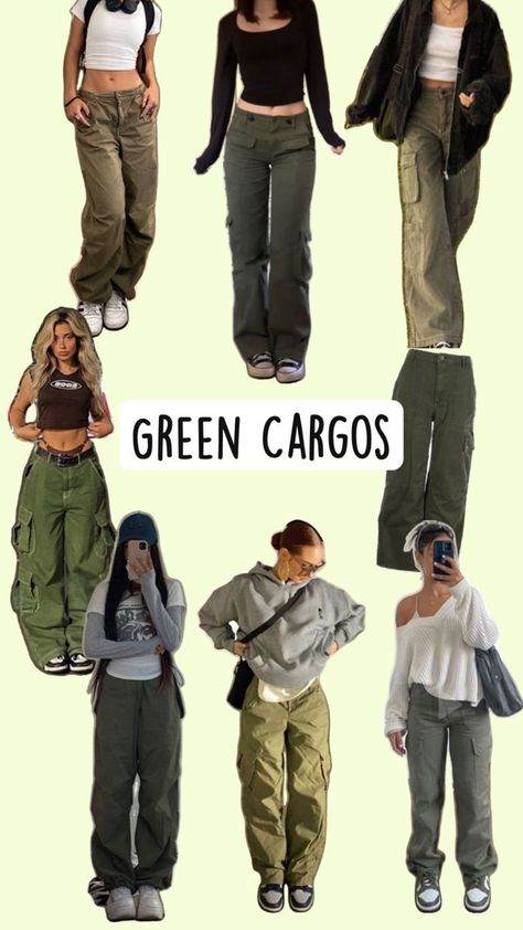 Trendy Cargo Pants Outfit, Cargo Outfits Women, Cargo Pants Outfit Ideas, Cargo Pants Women Outfit, Trendy Cargo Pants, Green Cargo Pants Outfit, Green Cargos, Baggy Pants Outfit, Green Pants Outfit