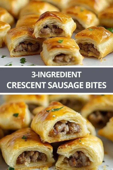 3-Ingredient Crescent Sausage Bites 3 Ingredient Sausage Crescent, 3 Ingredient Crescent Sausage Bites, Crescent Sausage Rolls, Crescent Rolls And Sausage, Sausage Croissant Rolls, Bite Size Breakfast Ideas, Crescent Roll Breakfast Recipes Sausage, Sausage Rolls With Crescent Rolls, Appetizers Using Crescent Rolls