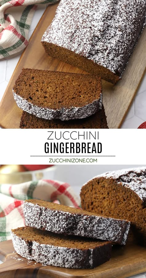 Zucchini gingerbread is perfectly spiced, moist, and tender - a must-bake recipe for the holiday season! Pair it with your morning coffee, serve as a less-sweet dessert, or gift a fresh-baked gingerbread loaf to a friend. Zucchini Spice Bread Recipes, Ginger Zucchini Bread, Cheesecake Zucchini Bread, Gingerbread Zucchini Bread, Molasses Zucchini Bread, Christmas Zucchini Bread, Mini Zucchini Muffins, Christmas Zucchini Recipes, Zucchini Donut Recipe