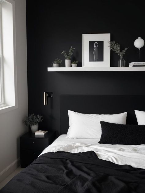 Monochromatic Bedding, Dark Bedroom Ideas, Black Platform Bed, Black Wall Sconces, Male Bedroom Ideas, Mens Bedroom Decor, Girl Room Inspiration, Black Bedroom Decor, Dark Bedroom