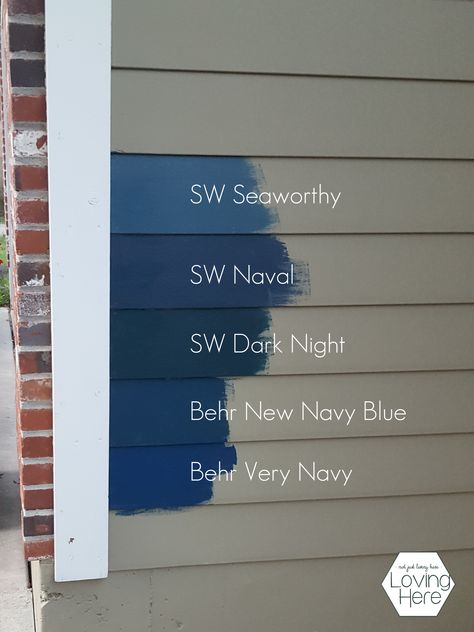 The BEST navy color to paint your house! Navy Blue Trim House Exterior, Navy House Paint Exterior, White House Navy Trim Exterior Colors, Navy Blue Shed White Trim, Naval Blue House Exterior, Greige House Black Shutters, Blue Outside House Paint Colors, Navy Blue Houses With White Trim, Green House Navy Door