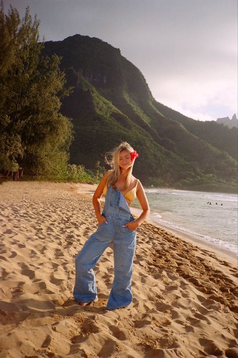 Overalls girls trip friends kauai hawaii photo inspo film photography 35mm kodak gold contax t2 postcard girls bikinis flowers summer The Ocean, Overalls, Travel, Hawaii, A Woman