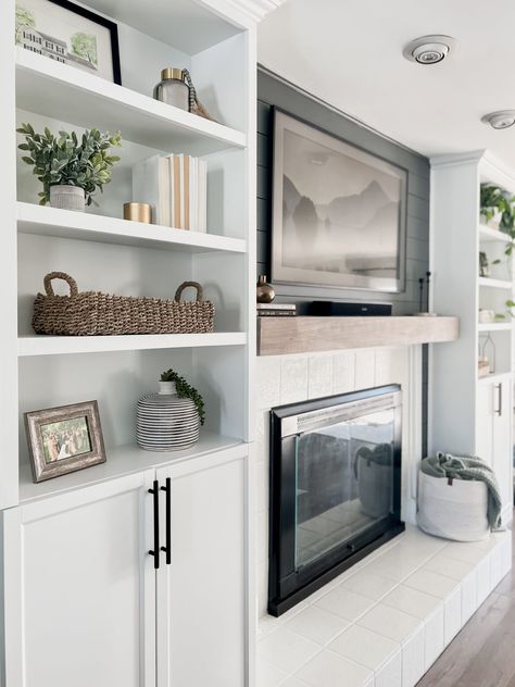 DIY Fireplace Built-Ins: IKEA Billy Bookcase Hack – Come Stay Awhile by Amanda Vernaci | Modern Farmhouse DIY + Home Renovation Pendants In Front Of Kitchen Window, Built In Shelves Living Room Around Fire Place Bookcases, Back Of House Siding, Fireplace Book Shelves, Mantle Between Bookcases, Faux Fireplace With Bookshelves, Built Ins Around Electric Fireplace, Family Room Built Ins With Tv Fireplace, Billy Bookcase Built In Fireplace