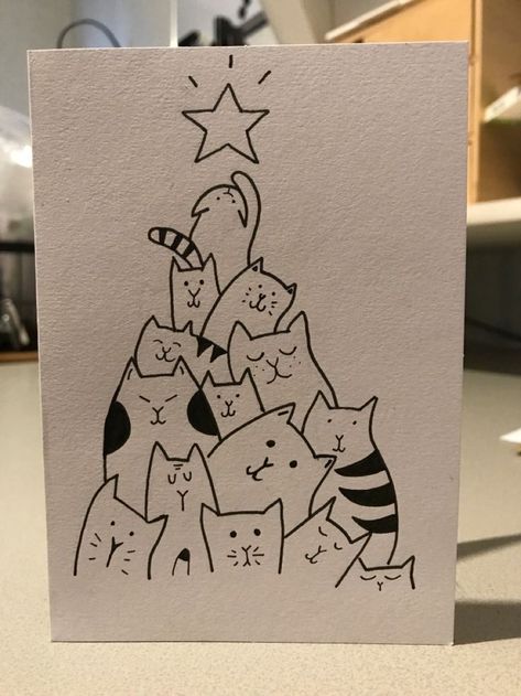 Christmas Gifts Drawing, Christmas Card Drawing Ideas, Drawing Ideas Cat, Christmas Card Drawing, Card Drawing Ideas, Cards Drawing, Christmas Cards Drawing, Gifts Drawing, Card Drawing